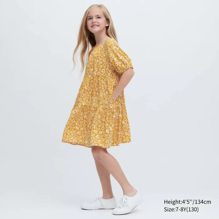 Uniqlo Viscose Flower Printed Short Sleeved Dress Kids Yellow