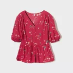 Uniqlo Viscose Lawn V Neck Printed Volume Sleeved Women’s Blouses Red