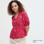 Uniqlo Viscose Lawn V Neck Printed Volume Sleeved Women’s Blouses Red