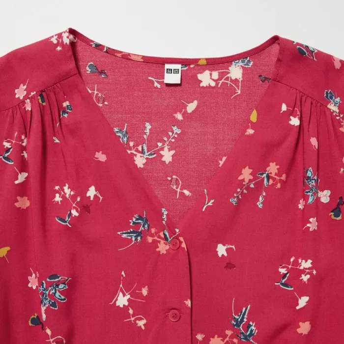 Uniqlo Viscose Lawn V Neck Printed Volume Sleeved Women’s Blouses Red