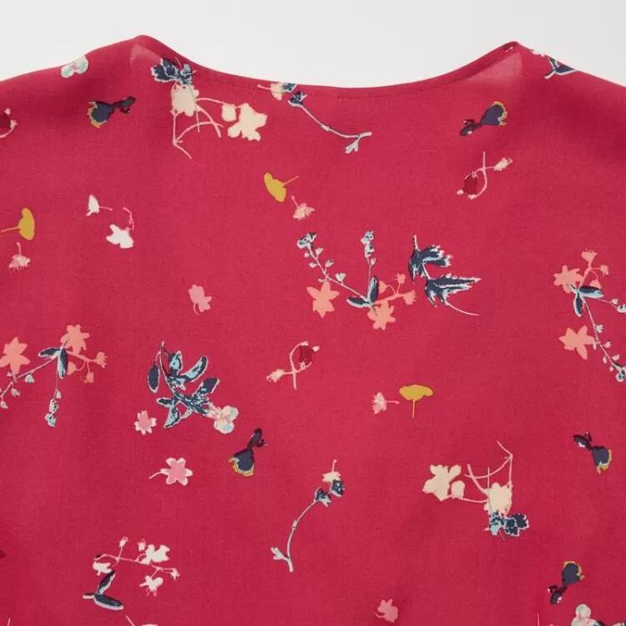 Uniqlo Viscose Lawn V Neck Printed Volume Sleeved Women’s Blouses Red