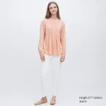 Uniqlo Viscose Pintucked Long Sleeved Blouses Women Coral