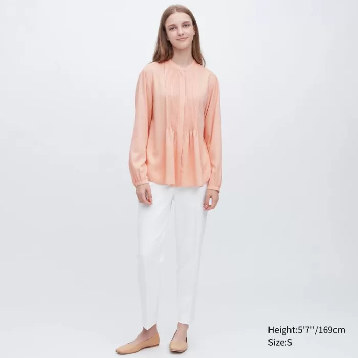 Uniqlo Viscose Pintucked Long Sleeved Blouses Women Coral