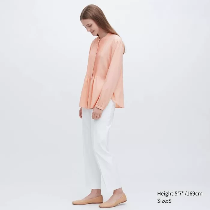 Uniqlo Viscose Pintucked Long Sleeved Blouses Women Coral