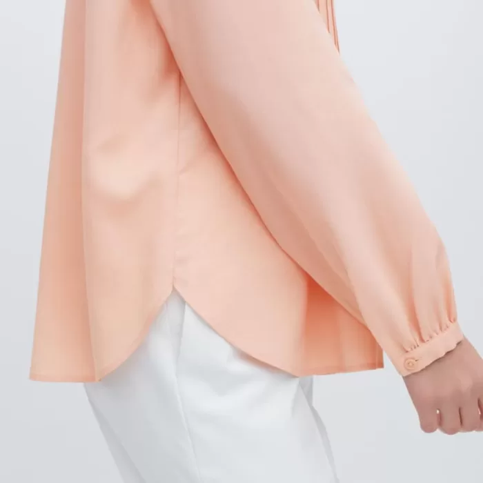 Uniqlo Viscose Pintucked Long Sleeved Blouses Women Coral