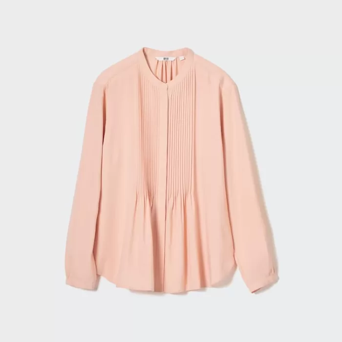 Uniqlo Viscose Pintucked Long Sleeved Blouses Women Coral