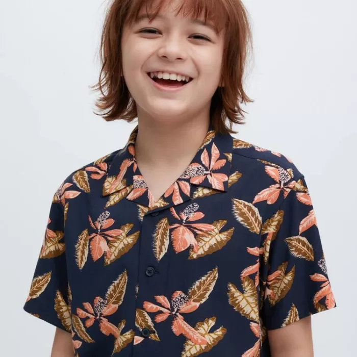 Uniqlo Viscose Printed Open Collar Short Sleeved Boys Shirts Navy Blue