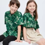 Uniqlo Viscose Printed Open Collar Short Sleeved Kids Shirts Green