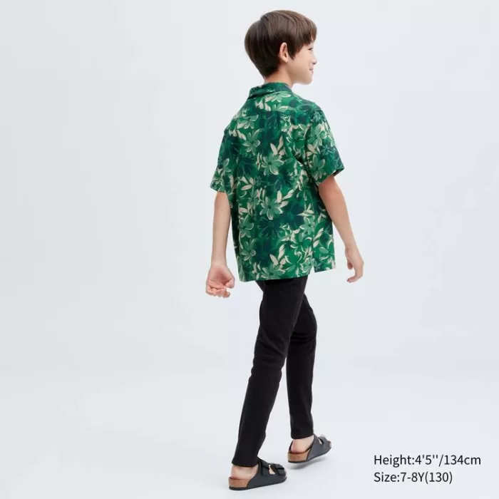 Uniqlo Viscose Printed Open Collar Short Sleeved Kids Shirts Green