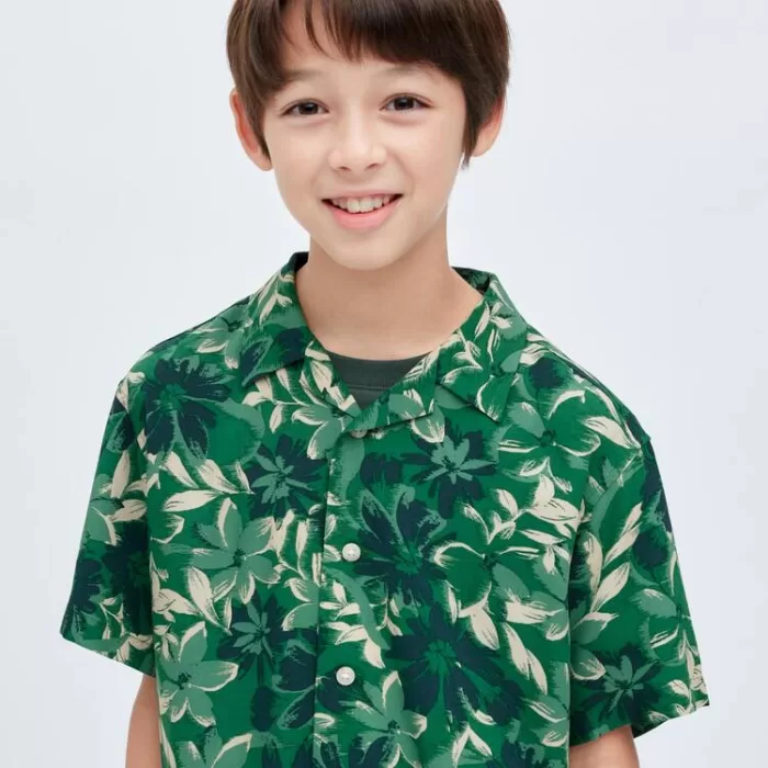 Uniqlo Viscose Printed Open Collar Short Sleeved Kids Shirts Green