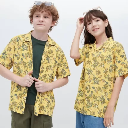 Uniqlo Viscose Printed Open Collar Short Sleeved Kids Shirts Yellow