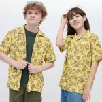 Uniqlo Viscose Printed Open Collar Short Sleeved Kids Shirts Yellow