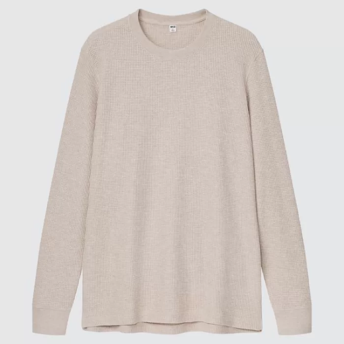 Uniqlo Waffle Crew Neck Long Sleeved T-shirt (2021 Season) Men Beige