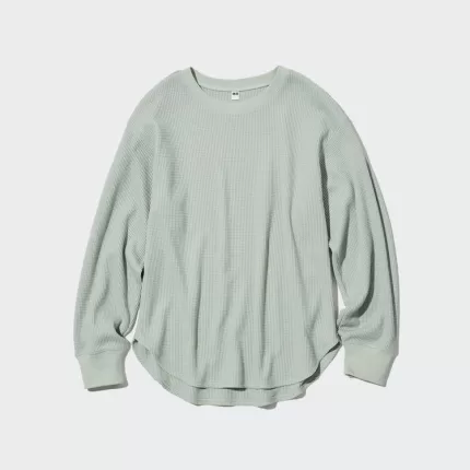 Uniqlo Waffle Crew Neck Long Sleeved Tops Women Green