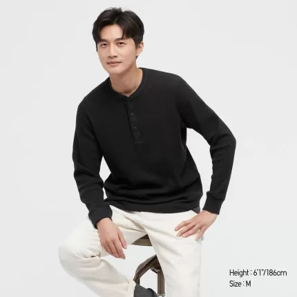 Uniqlo Waffle Henley Men’s Tops Black