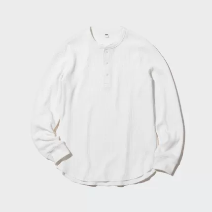 Uniqlo Waffle Henley Neck Long Sleeved Men’s T-Shirt White