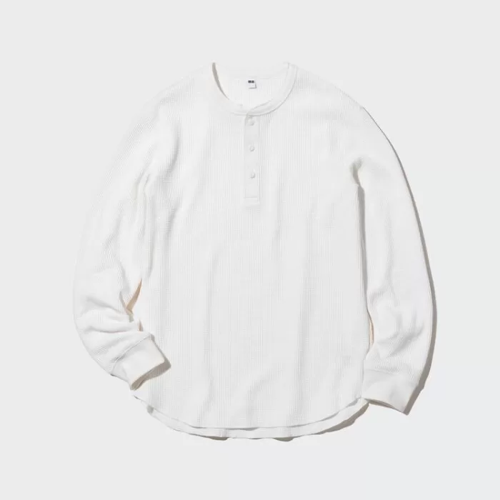 Uniqlo Waffle Henley Neck Long Sleeved Men’s T-Shirt White