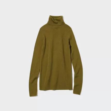 Uniqlo Women’s 100% Extra Fine Merino Ribbed Turtleneck Knitwear Olive Green