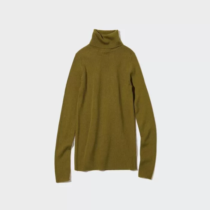 Uniqlo Women’s 100% Extra Fine Merino Ribbed Turtleneck Knitwear Olive Green