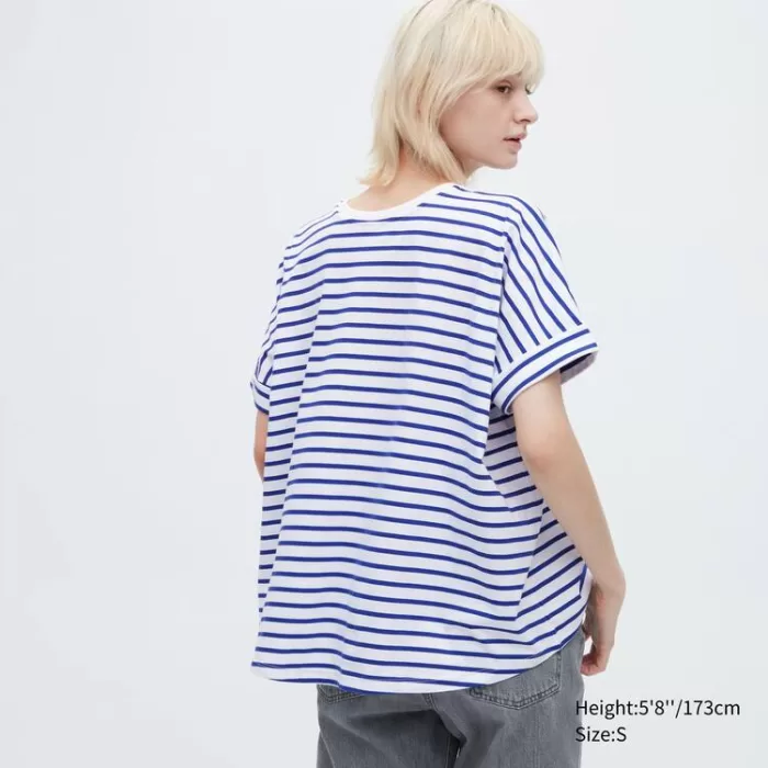 Uniqlo Women’s Cotton Striped French Sleeve T-Shirt White Blue