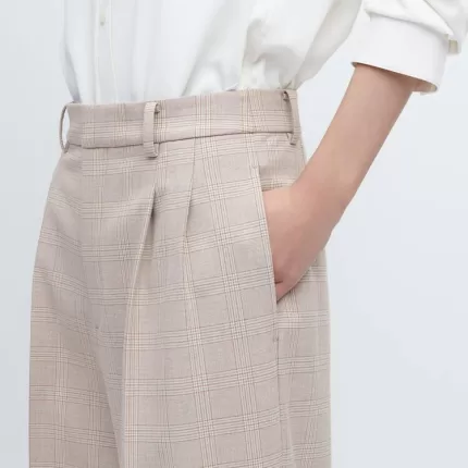 Uniqlo Women’s Pleated Checked Wide Leg Pants Beige