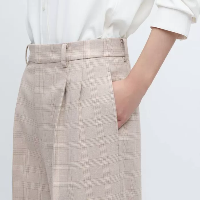 Uniqlo Women’s Pleated Checked Wide Leg Pants Beige