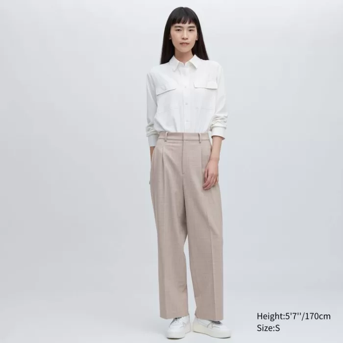 Uniqlo Women’s Pleated Checked Wide Leg Pants Beige