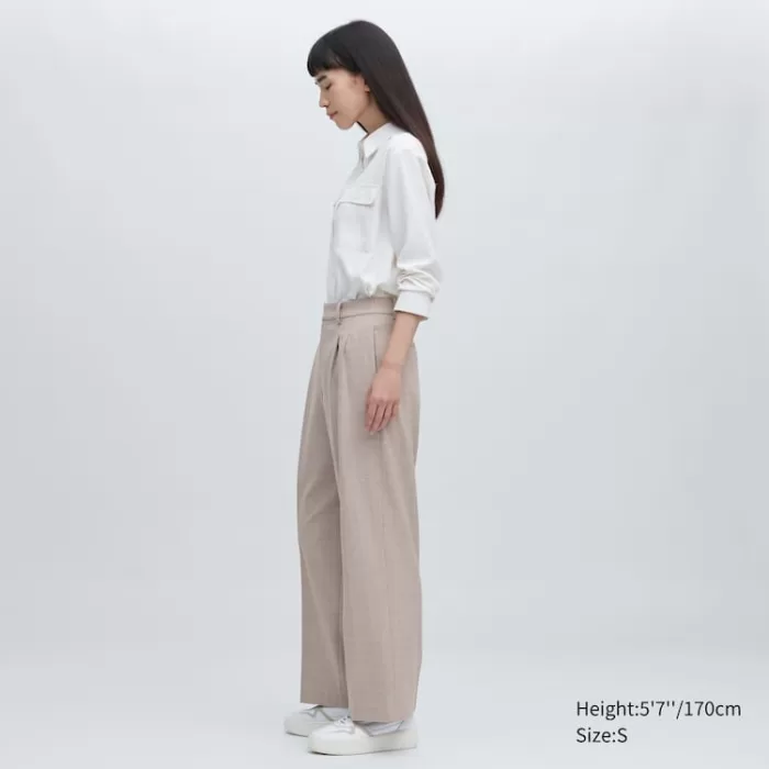 Uniqlo Women’s Pleated Checked Wide Leg Pants Beige