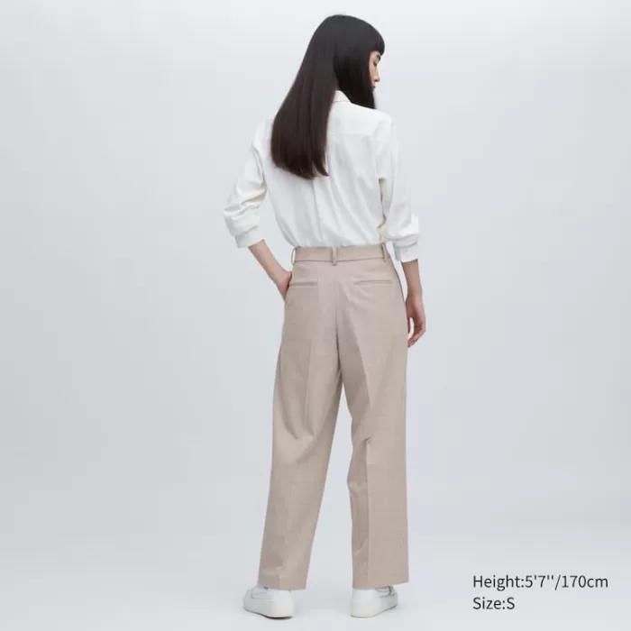 Uniqlo Women’s Pleated Checked Wide Leg Pants Beige