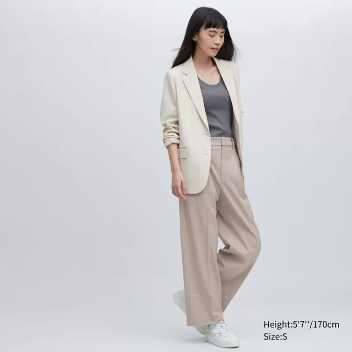 Uniqlo Women’s Pleated Checked Wide Leg Pants Beige