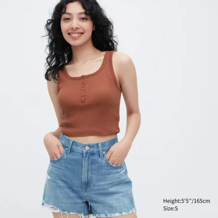 Uniqlo Women’s Ribbed Henley Neck Cropped Tops Brown