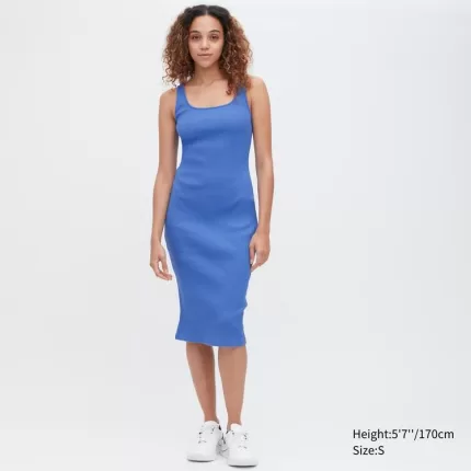 Uniqlo Women’s Ribbed Square Neck Sleeveless Dress Blue