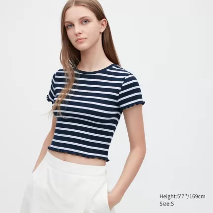 Uniqlo Women’s Ribbed Striped Frill Short Sleeved T-Shirt Navy