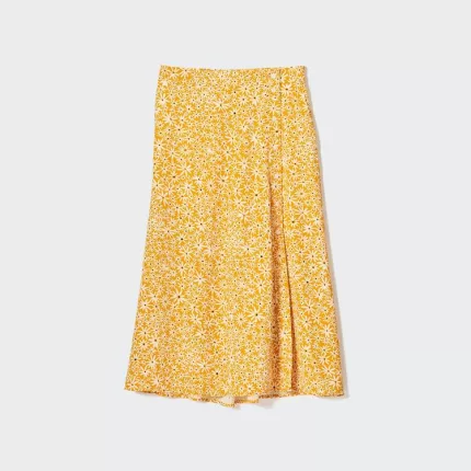 Uniqlo Women’s Split Hem Flower Print Midi Skirt Yellow