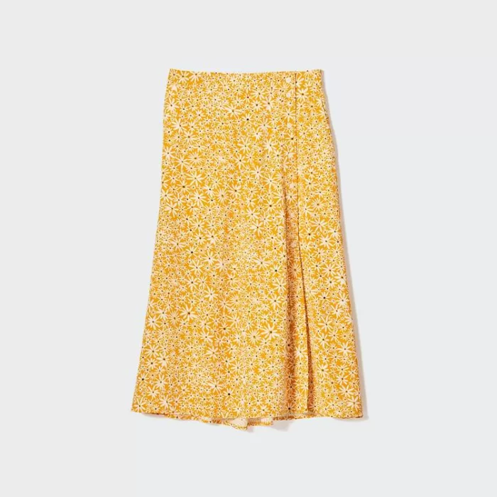 Uniqlo Women’s Split Hem Flower Print Midi Skirt Yellow