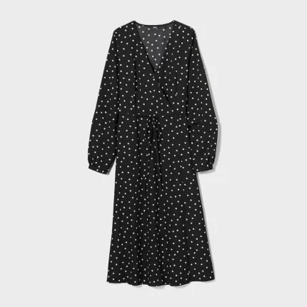 Uniqlo Wrap Dotted Long Sleeved Dress Women Black